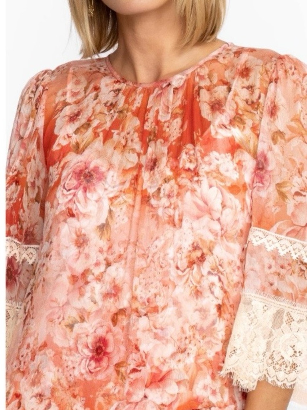 Johnny Was Coral Floral Lace-Trim Mini Dress